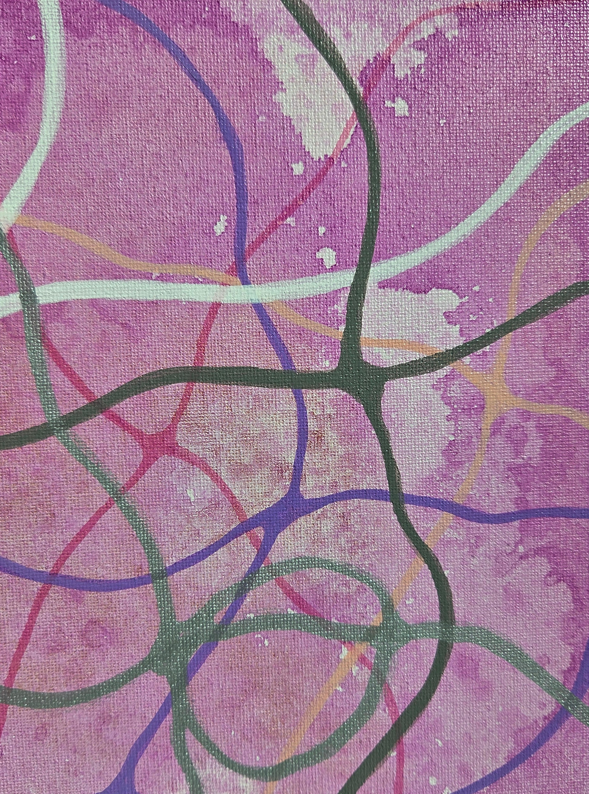 Close-up detail of the variegated fuchsia background of spilled ink overlaid with thin and thick silver, white, gray, pink, and purple lines that intersect and interweave in neurographic patterns.