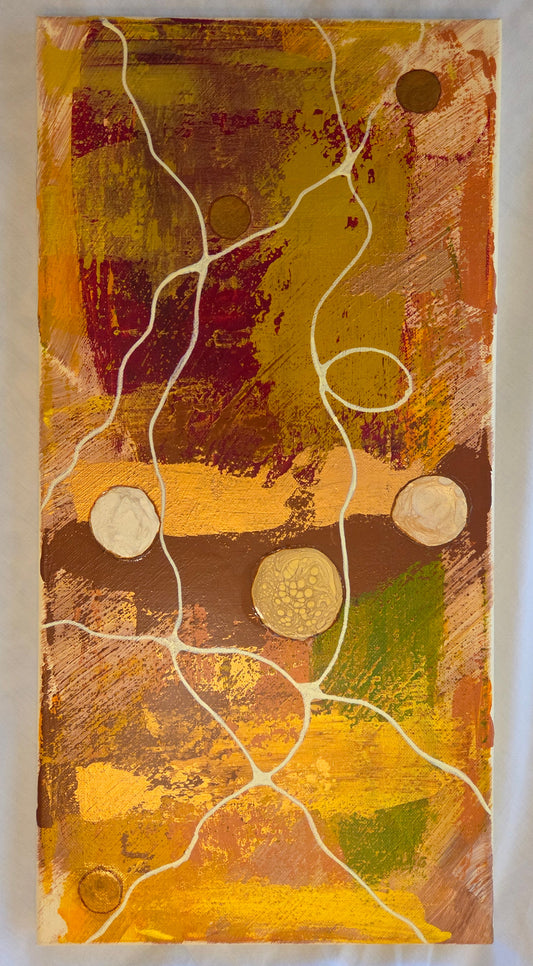 Browns and yellows and reds scraped over a surface with hints of copper, gold, and green. Beige lines interweave like crazy thread, finding the odd copper and ivory button.