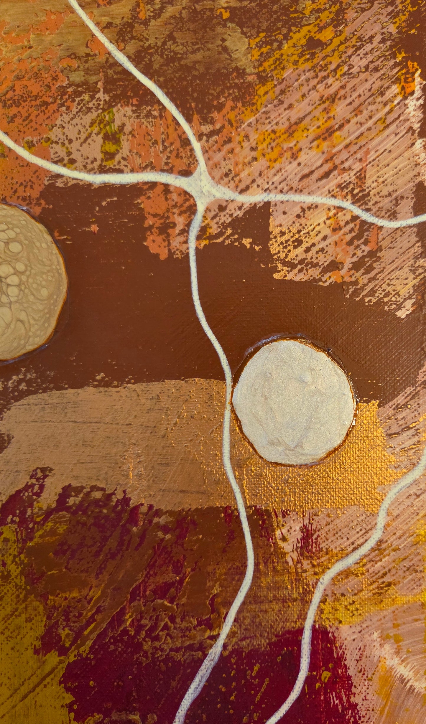 Close-up detail of browns, yellow, red, and copper scaped over each other with beige thread-like lines and alkyd oil buttons.